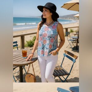 J. Jill 🌸 Love Linen Boho Mosaic Tank Top Sz L | Summer Resort Chic 🏖️ EUC